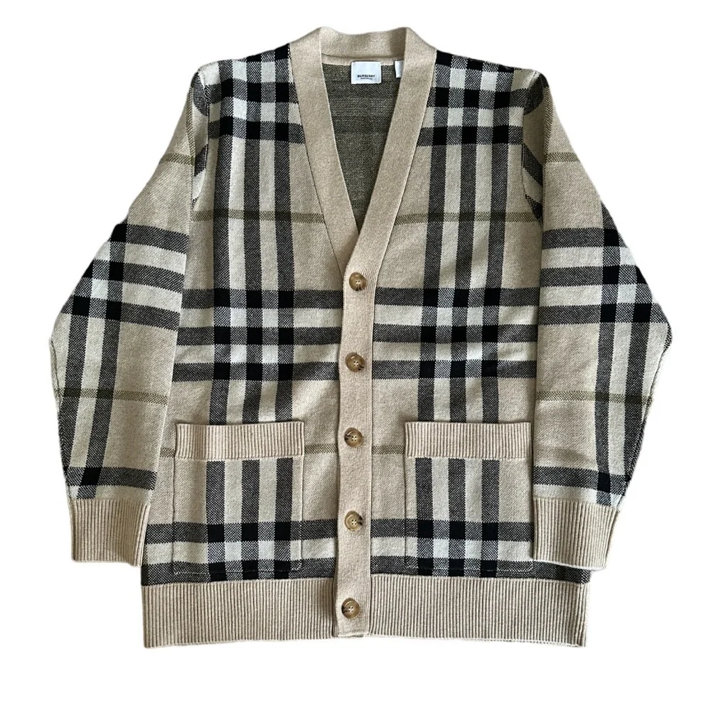 Burberry Signature Check Jacquard Cardigan Wool Cashmere in Beige | size  L - Picture 10 of 12